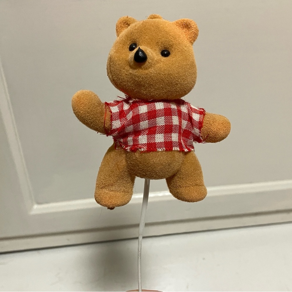 Vintage Flocked Tan Teddy Bear Red White Check Shirt Centerpiece Floral Stem